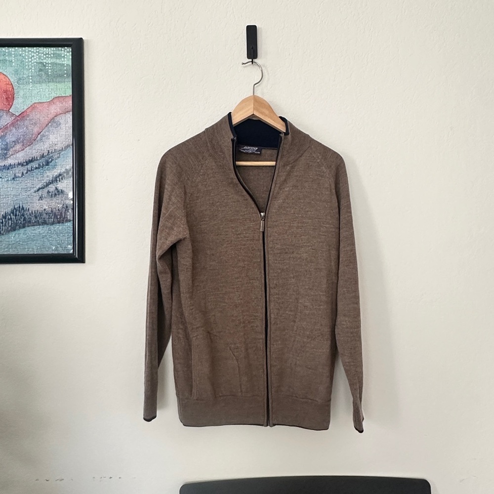 Jeremy Argyle NYC 100% Merino Wool Full Zip Sweater | Size M | Brown Navy Trim